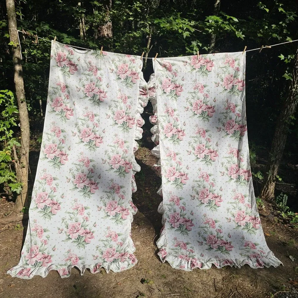 Vintage 1980s Pink Floral Cottagecore Ruffled Curtains Set With Lace Trim